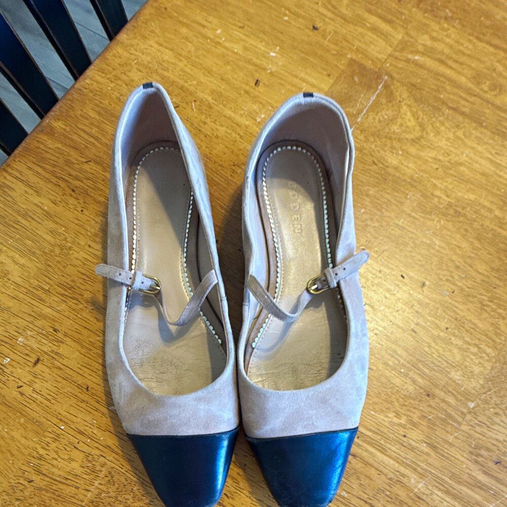 Boden Womens Suede Mary Jane Flats Cap Toe Buckle Beige/Black EU 41 US 10